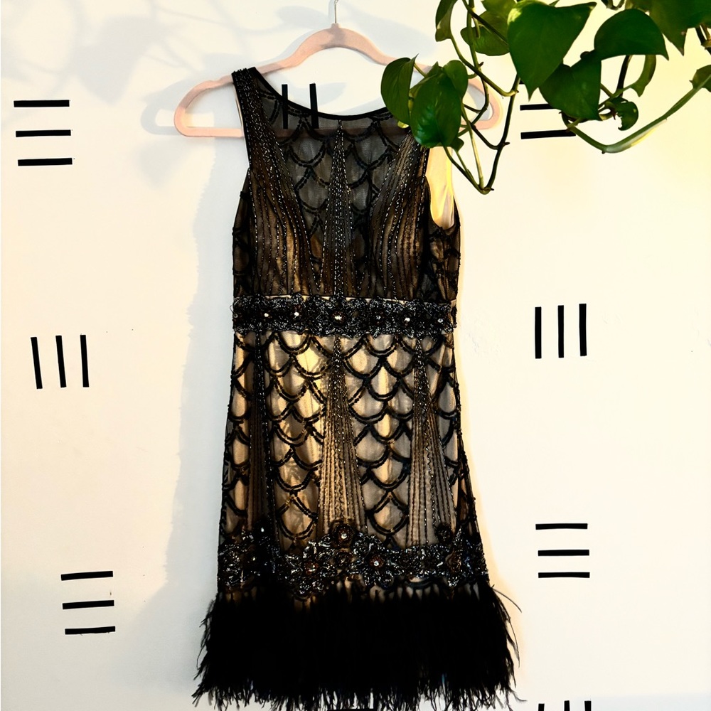 Sue Wong Beaded Black dress with feather trim mini dress